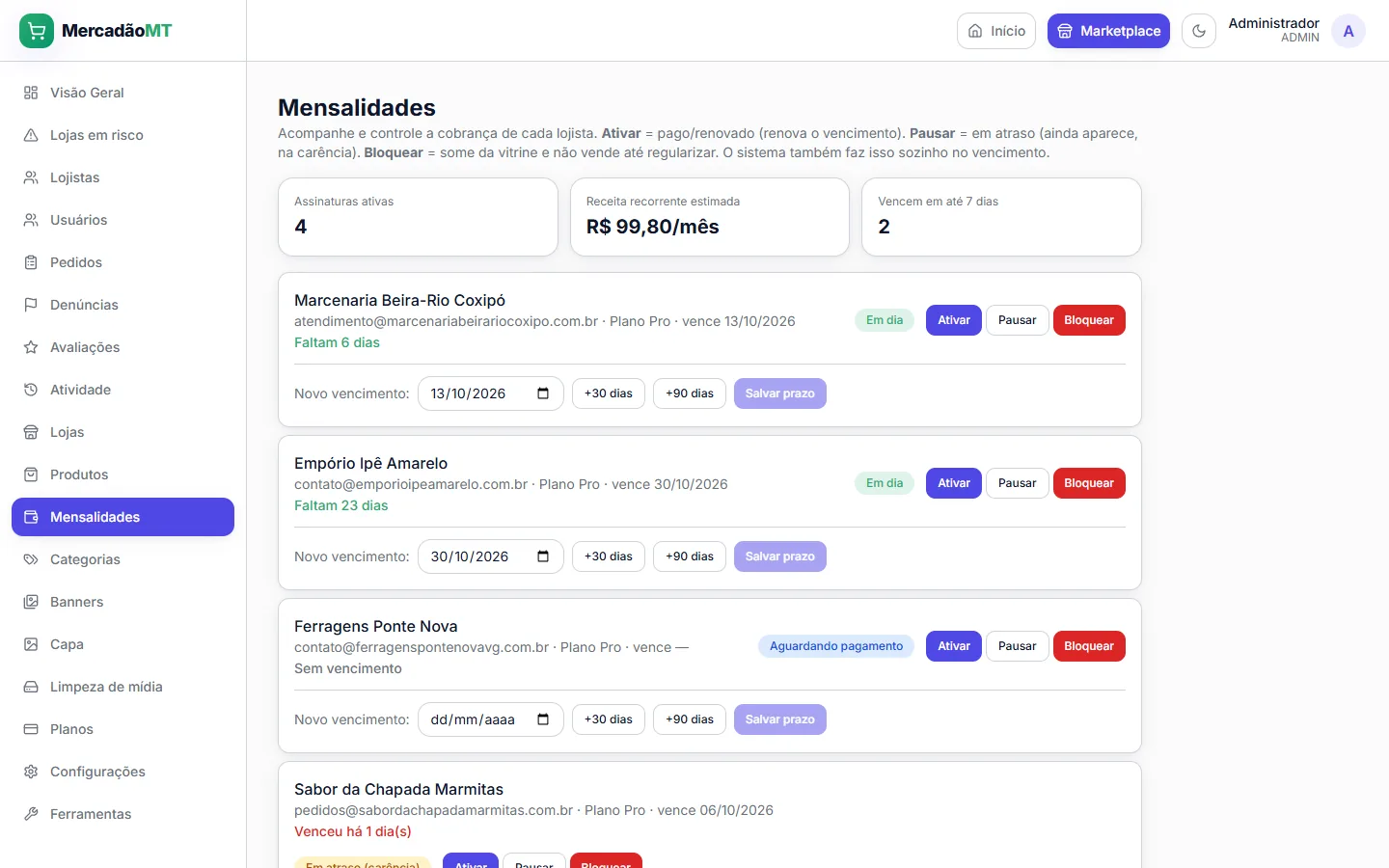 Tela de mensalidades do painel do Mercadão MT com dados de demonstração, com o resumo das assinaturas e os botões ativar, pausar e bloquear de cada lojista