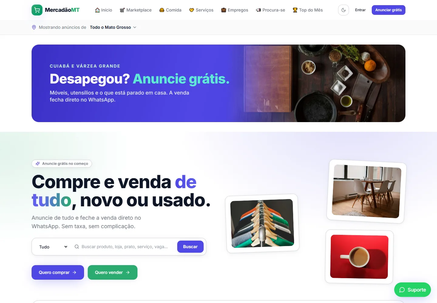 Página inicial do Mercadão MT em ambiente de demonstração, com busca de produtos e anúncios de lojas de Mato Grosso