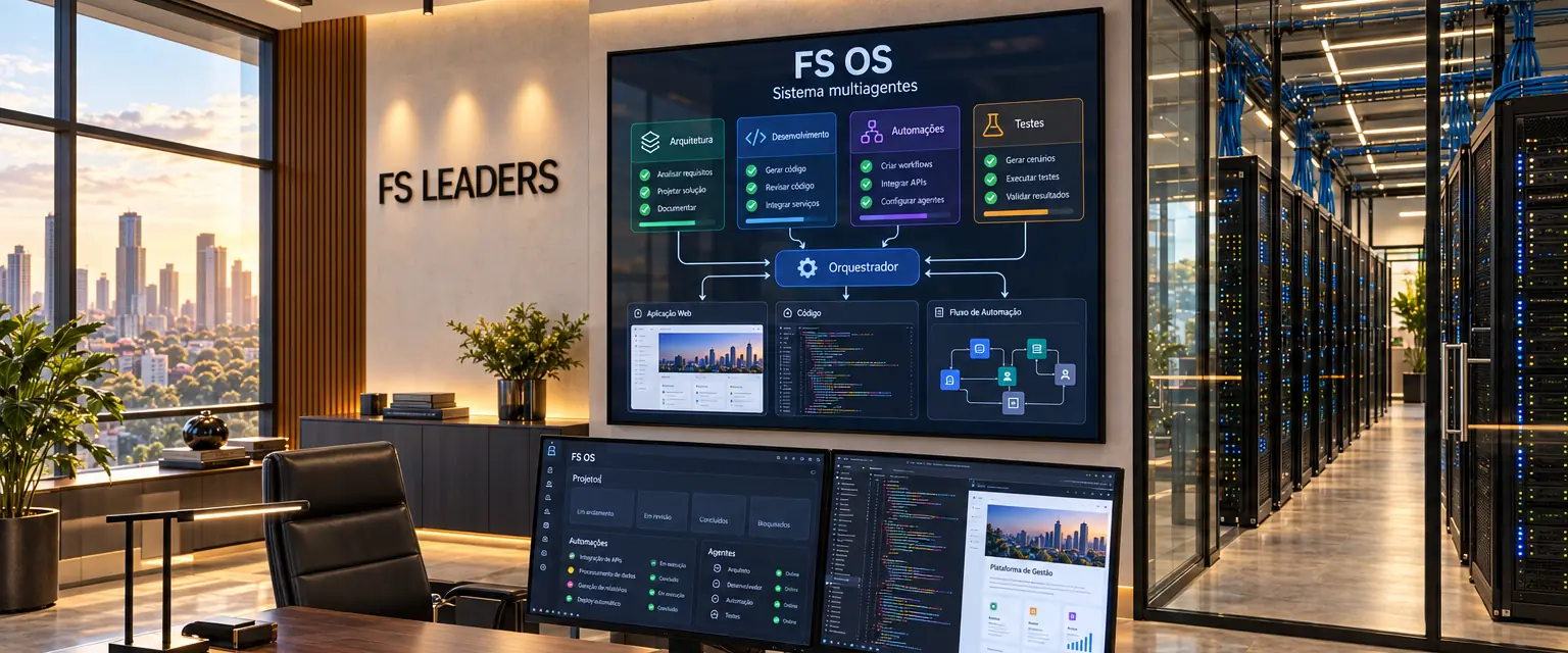 Ilustração de um escritório da FS Leaders com o painel do FS Leaders OS